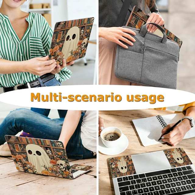 Alt view image 5 of 7 - Universal Laptop Skin Sticker with 2 Wrist Pad Decals, 3-Piece Removable Vinyl Laptop Cover, Ghost Skull Florals Waterproof Anti-Scratch, Easy-Trim Fit for 13.3" 14" 15.6" Laptops