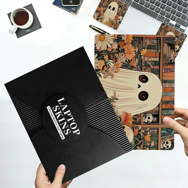 Alt view image 7 of 7 - Universal Laptop Skin Sticker with 2 Wrist Pad Decals, 3-Piece Removable Vinyl Laptop Cover, Ghost Skull Florals Waterproof Anti-Scratch, Easy-Trim Fit for 13.3" 14" 15.6" Laptops