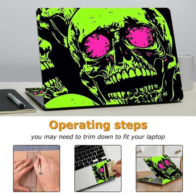 Alt view image 3 of 7 - Universal Laptop Skin Sticker with 2 Wrist Pad Decals, 3-Piece Removable Vinyl Laptop Cover, Neon Green Skull Waterproof Anti-Scratch, Easy-Trim Fit for 13.3" 14" 15.6" Laptops