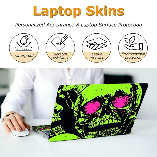 Alt view image 4 of 7 - Universal Laptop Skin Sticker with 2 Wrist Pad Decals, 3-Piece Removable Vinyl Laptop Cover, Neon Green Skull Waterproof Anti-Scratch, Easy-Trim Fit for 13.3" 14" 15.6" Laptops
