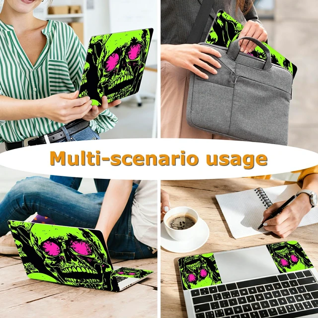 Alt view image 5 of 7 - Universal Laptop Skin Sticker with 2 Wrist Pad Decals, 3-Piece Removable Vinyl Laptop Cover, Neon Green Skull Waterproof Anti-Scratch, Easy-Trim Fit for 13.3" 14" 15.6" Laptops