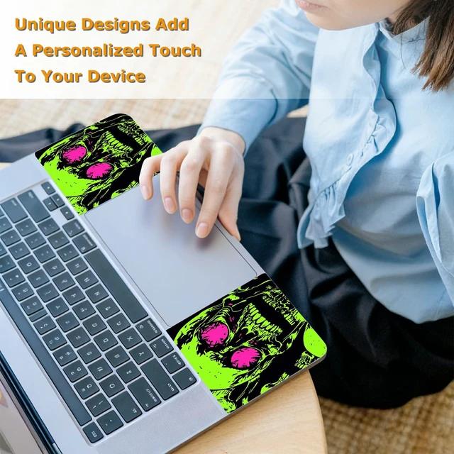Alt view image 6 of 7 - Universal Laptop Skin Sticker with 2 Wrist Pad Decals, 3-Piece Removable Vinyl Laptop Cover, Neon Green Skull Waterproof Anti-Scratch, Easy-Trim Fit for 13.3" 14" 15.6" Laptops