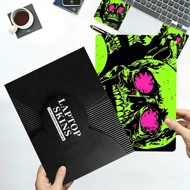 Alt view image 7 of 7 - Universal Laptop Skin Sticker with 2 Wrist Pad Decals, 3-Piece Removable Vinyl Laptop Cover, Neon Green Skull Waterproof Anti-Scratch, Easy-Trim Fit for 13.3" 14" 15.6" Laptops