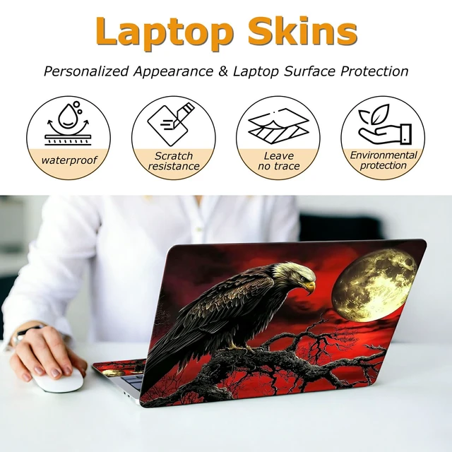 Alt view image 4 of 7 - Universal Laptop Skin Sticker with 2 Wrist Pad Decals, 3-Piece Removable Vinyl Laptop Cover, Dark Moon Crow Waterproof Anti-Scratch, Easy-Trim Fit for 13.3" 14" 15.6" Laptops