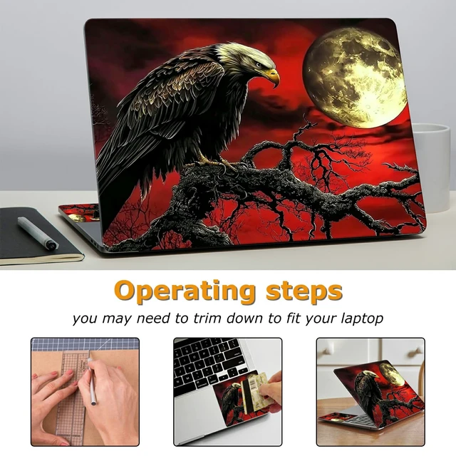 Alt view image 3 of 7 - Universal Laptop Skin Sticker with 2 Wrist Pad Decals, 3-Piece Removable Vinyl Laptop Cover, Dark Moon Crow Waterproof Anti-Scratch, Easy-Trim Fit for 13.3" 14" 15.6" Laptops