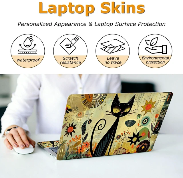Alt view image 4 of 7 - Universal Laptop Skin Sticker with 2 Wrist Pad Decals, 3-Piece Removable Vinyl Laptop Cover, Graffiti Cat Waterproof Anti-Scratch, Easy-Trim Fit for 13.3" 14" 15.6" Laptops
