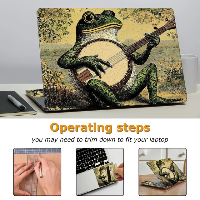 Alt view image 3 of 7 - Universal Laptop Skin Sticker with 2 Wrist Pad Decals, 3-Piece Removable Vinyl Laptop Cover, Music Frog Waterproof Anti-Scratch, Easy-Trim Fit for 13.3" 14" 15.6" Laptops