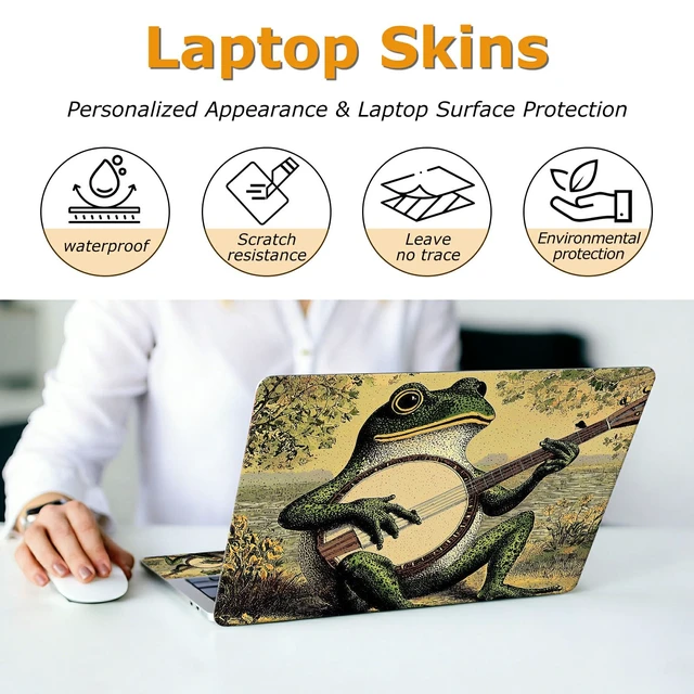 Alt view image 4 of 7 - Universal Laptop Skin Sticker with 2 Wrist Pad Decals, 3-Piece Removable Vinyl Laptop Cover, Music Frog Waterproof Anti-Scratch, Easy-Trim Fit for 13.3" 14" 15.6" Laptops