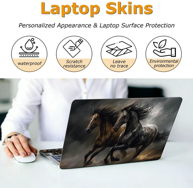 Alt view image 4 of 7 - Universal Laptop Skin Sticker with 2 Wrist Pad Decals, 3-Piece Removable Vinyl Laptop Cover, Black Horse Waterproof Anti-Scratch, Easy-Trim Fit for 13.3" 14" 15.6" Laptops