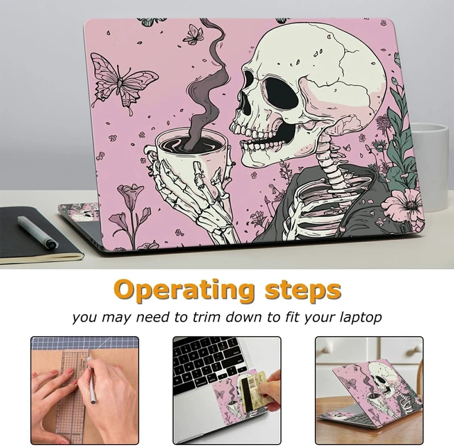 Alt view image 3 of 7 - Universal Laptop Skin Sticker with 2 Wrist Pad Decals, 3-Piece Removable Vinyl Laptop Cover, Pink Skull Coffee Waterproof Anti-Scratch, Easy-Trim Fit for 13.3" 14" 15.6" Laptops