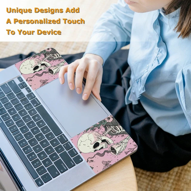 Alt view image 6 of 7 - Universal Laptop Skin Sticker with 2 Wrist Pad Decals, 3-Piece Removable Vinyl Laptop Cover, Pink Skull Coffee Waterproof Anti-Scratch, Easy-Trim Fit for 13.3" 14" 15.6" Laptops