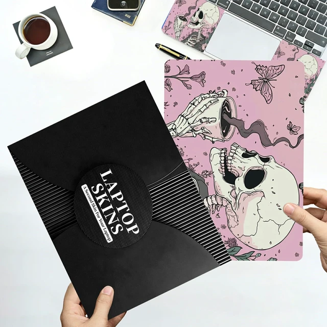 Alt view image 7 of 7 - Universal Laptop Skin Sticker with 2 Wrist Pad Decals, 3-Piece Removable Vinyl Laptop Cover, Pink Skull Coffee Waterproof Anti-Scratch, Easy-Trim Fit for 13.3" 14" 15.6" Laptops