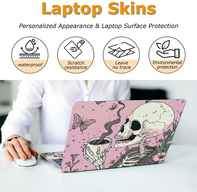 Alt view image 4 of 7 - Universal Laptop Skin Sticker with 2 Wrist Pad Decals, 3-Piece Removable Vinyl Laptop Cover, Pink Skull Coffee Waterproof Anti-Scratch, Easy-Trim Fit for 13.3" 14" 15.6" Laptops