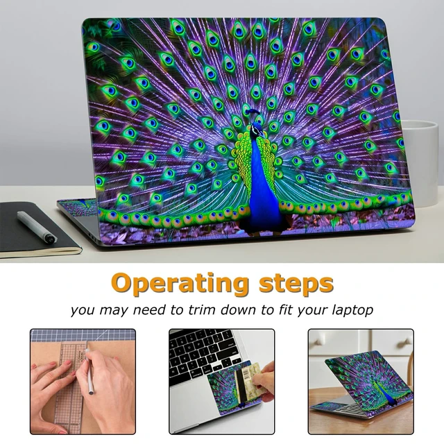 Alt view image 3 of 7 - Universal Laptop Skin Sticker with 2 Wrist Pad Decals, 3-Piece Removable Vinyl Laptop Cover, Peacocks Waterproof Anti-Scratch, Easy-Trim Fit for 13.3" 14" 15.6" Laptops