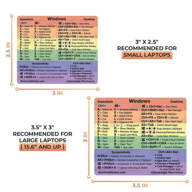 Alt view image 4 of 7 - Pride Windows PC Reference Keyboard Shortcut Sticker - Laminated Vinyl, No-Residue Adhesive, for Any 14" and Smaller PC Laptop or Desktop (5-Pack)