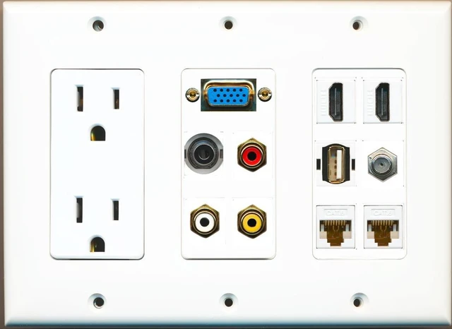 Main image of 2 Hdmi 2 Cat6 3.5mm RCA Composite Coax USB-A SVGA Power Outlet Wall Plate - White