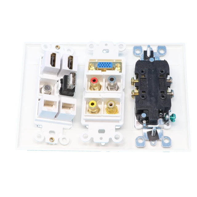 Alt view image 2 of 2 - 2 Hdmi 2 Cat6 3.5mm RCA Composite Coax USB-A SVGA Power Outlet Wall Plate - White
