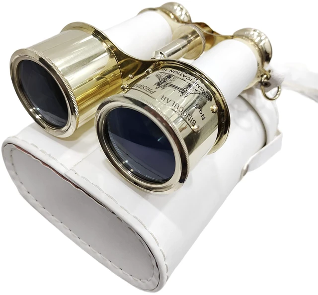Main image of Shiny Brass Compact Binoculars with White Leather Cover Solid brass, 15x magnification, 7 in extended, 4.5 in diameter, 500 g, antique style, nautical marine gift