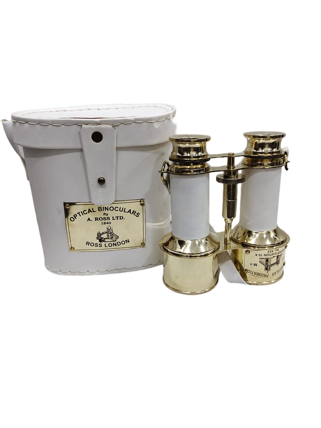 Alt view image 3 of 7 - Shiny Brass Compact Binoculars with White Leather Cover Solid brass, 15x magnification, 7 in extended, 4.5 in diameter, 500 g, antique style, nautical marine gift