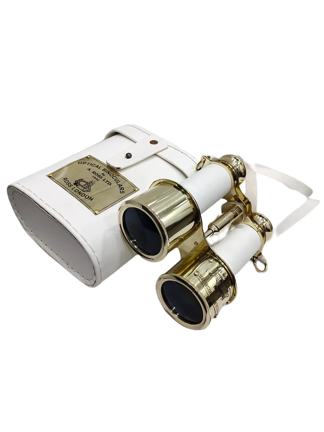 Alt view image 2 of 7 - Shiny Brass Compact Binoculars with White Leather Cover Solid brass, 15x magnification, 7 in extended, 4.5 in diameter, 500 g, antique style, nautical marine gift