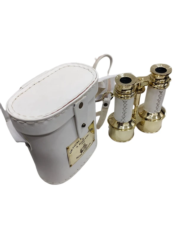 Alt view image 4 of 7 - Shiny Brass Compact Binoculars with White Leather Cover Solid brass, 15x magnification, 7 in extended, 4.5 in diameter, 500 g, antique style, nautical marine gift