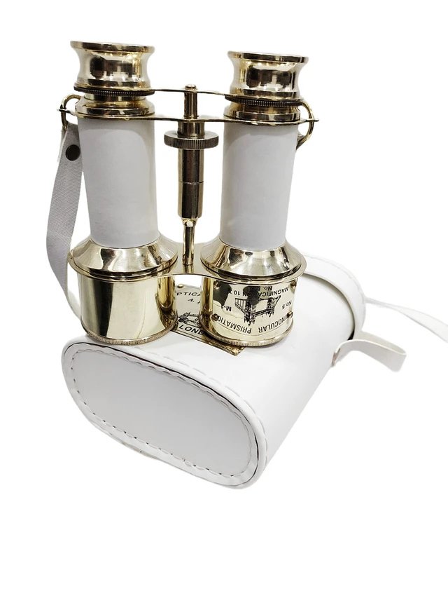Alt view image 5 of 7 - Shiny Brass Compact Binoculars with White Leather Cover Solid brass, 15x magnification, 7 in extended, 4.5 in diameter, 500 g, antique style, nautical marine gift
