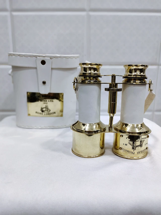 Alt view image 6 of 7 - Shiny Brass Compact Binoculars with White Leather Cover Solid brass, 15x magnification, 7 in extended, 4.5 in diameter, 500 g, antique style, nautical marine gift