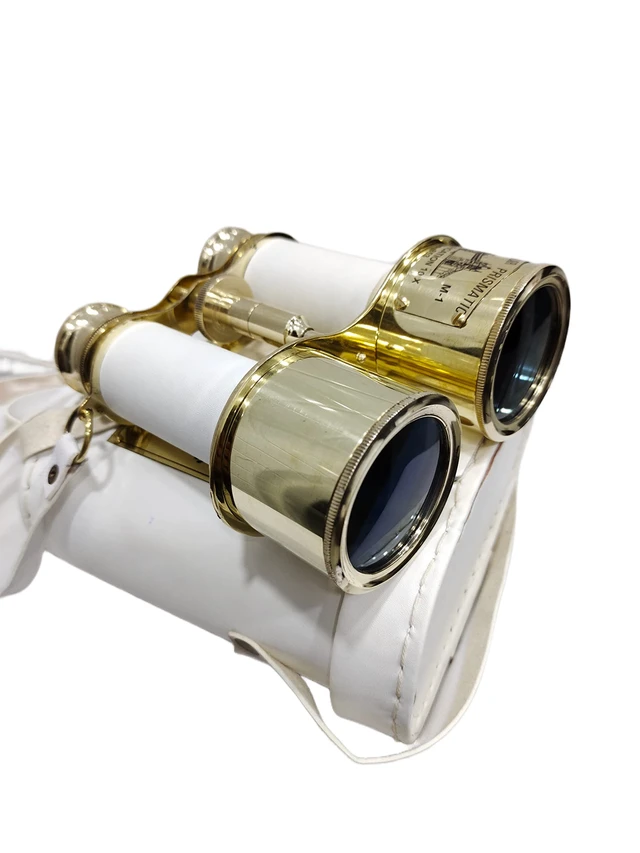Alt view image 7 of 7 - Shiny Brass Compact Binoculars with White Leather Cover Solid brass, 15x magnification, 7 in extended, 4.5 in diameter, 500 g, antique style, nautical marine gift