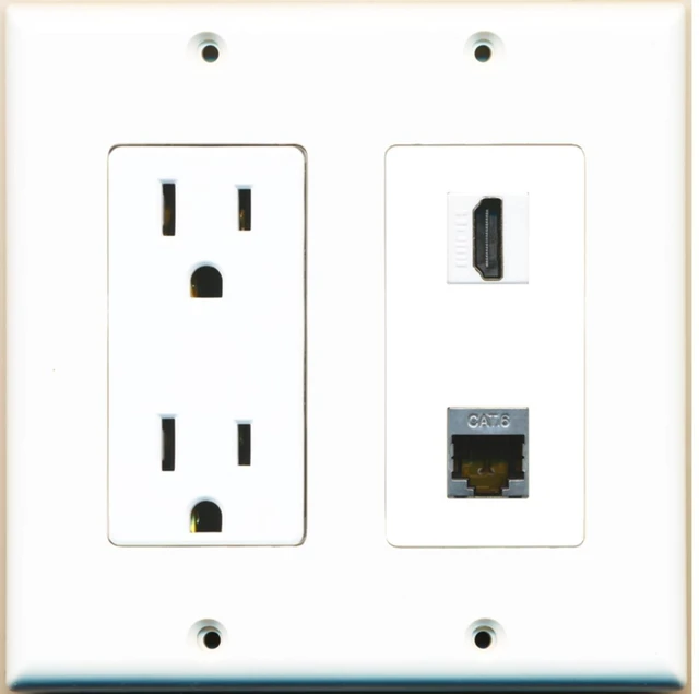 Main image of 15 Amp Power Outlet and 1 Port HDMI and 1 Port Shielded Cat6 Ethernet Decorative Type Wall Plate - White