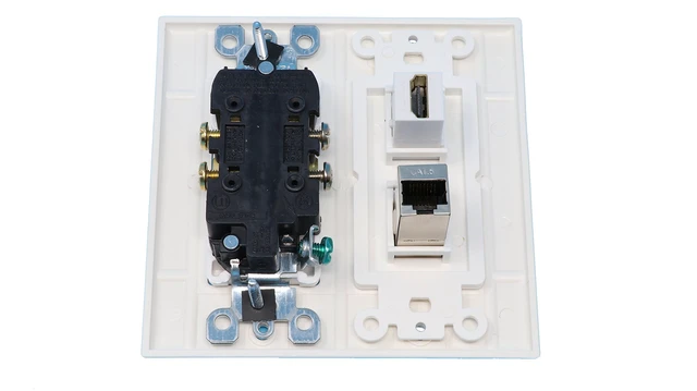 Alt view image 2 of 2 - 15 Amp Power Outlet and 1 Port HDMI and 1 Port Shielded Cat6 Ethernet Decorative Type Wall Plate - White