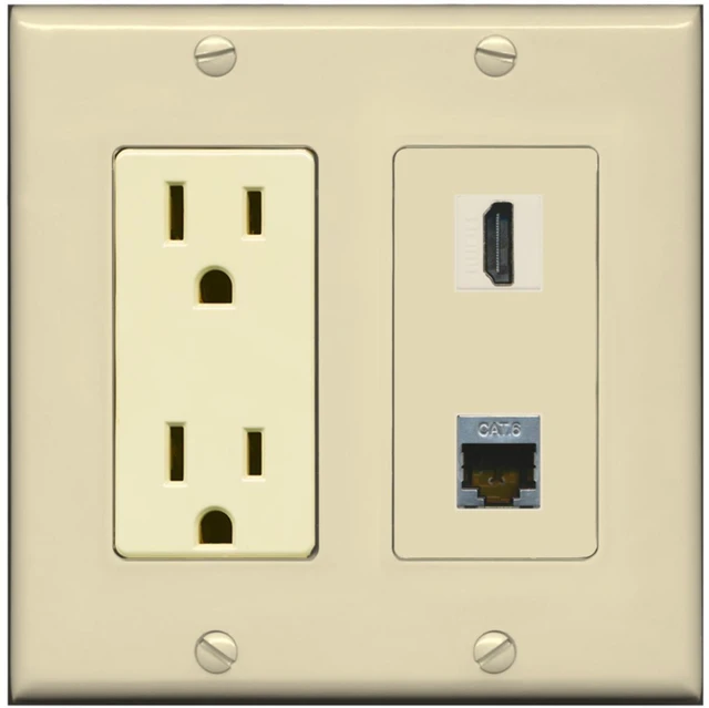 Main image of 15 Amp Power Outlet and 1 Port HDMI and 1 Port Shielded Cat6 Ethernet Decorative Type Wall Plate - Ivory