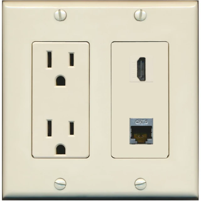 Main image of 15 Amp Power Outlet and 1 Port HDMI and 1 Port Shielded Cat6 Ethernet Decorative Type Wall Plate - Light Almond