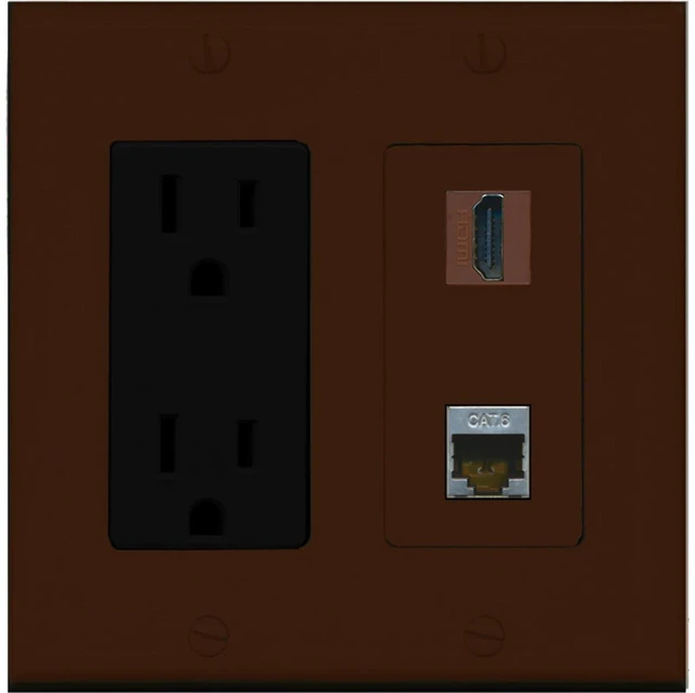 Main image of 15 Amp Power Outlet and 1 Port HDMI and 1 Port Shielded Cat6 Ethernet Decorative Type Wall Plate - Brown