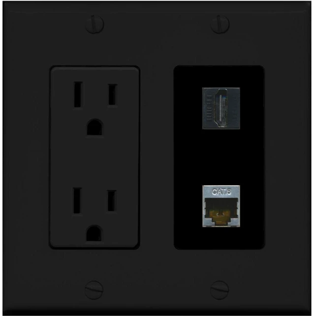 Main image of 15 Amp Power Outlet and 1 Port HDMI and 1 Port Shielded Cat6 Ethernet Decorative Type Wall Plate - Black