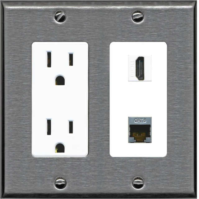 Main image of 15 Amp Power Outlet and 1 Port HDMI and 1 Port Shielded Cat6 Ethernet Decorative Type Wall Plate - Stainless Steel/White