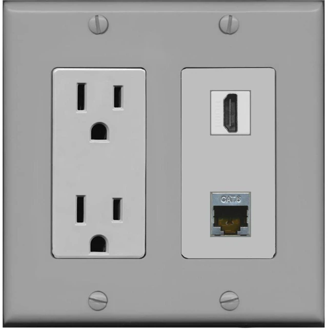 Main image of 15 Amp Power Outlet and 1 Port HDMI and 1 Port Shielded Cat6 Ethernet Decorative Type Wall Plate - Gray