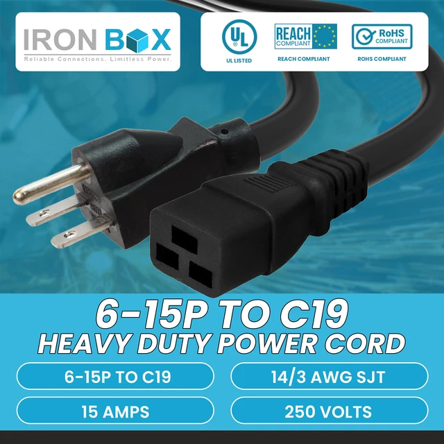 Alt view image 2 of 7 - IronBox Electric - Heavy Duty 6-15P to C19 Power Cord - Rated for 15A/250V, 12/3 AWG SJT Jacket - Durable Power Cable for Servers, PDU, IT Equipment - Ideal for Data Centers & Offices (3 ft, Molded)