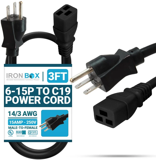 Main image of IronBox Electric - Heavy Duty 6-15P to C19 Power Cord - Rated for 15A/250V, 12/3 AWG SJT Jacket - Durable Power Cable for Servers, PDU, IT Equipment - Ideal for Data Centers & Offices (3 ft, Molded)
