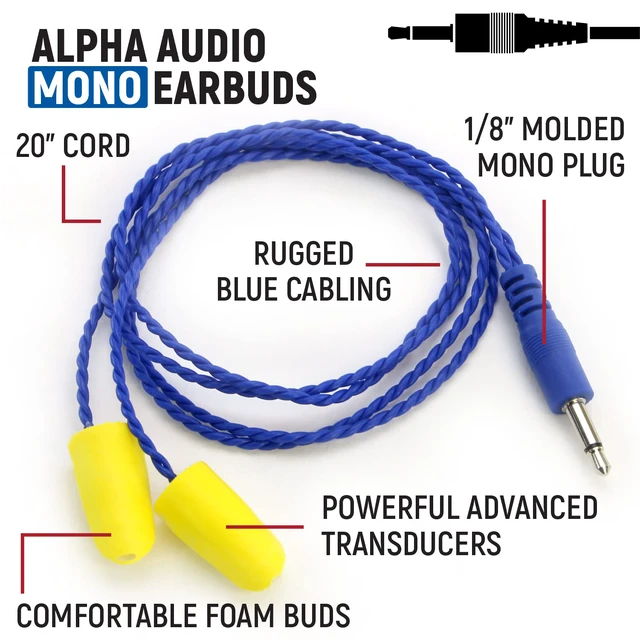 Alt view image 3 of 3 - AlphaBud Foam Mono Earbud Speakers with 1/8" Molded Plug Clear Mono Racing Audio with Miniature Transducers, 20-Inch Blue Cable, and 1/8" Molded Plug