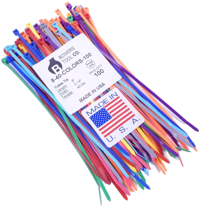 Main image of Multi Color Zip Cable Ties 8" 40lbs 100pc Made in USA Nylon Wire Tie Wraps
