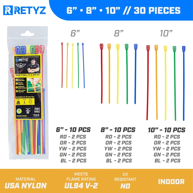 Alt view image 2 of 2 - x Paul Jr Designs Bold Color Reusable Cable Tie Assortment, 30 Pack, 6"/8"/10" Sizes, Quick Release, Heavy-Duty Nylon