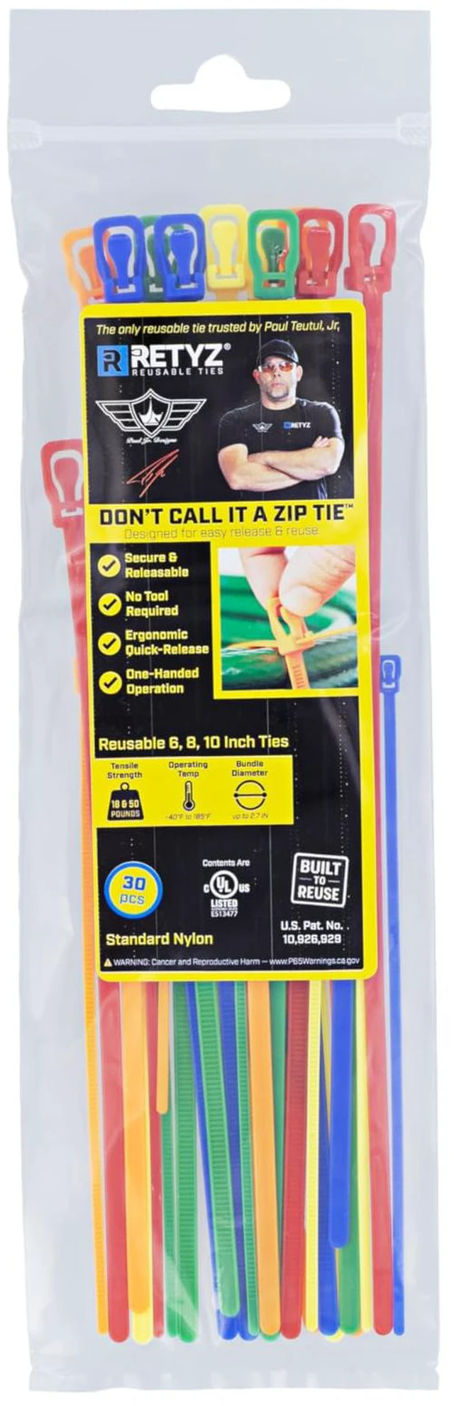Main image of x Paul Jr Designs Bold Color Reusable Cable Tie Assortment, 30 Pack, 6"/8"/10" Sizes, Quick Release, Heavy-Duty Nylon