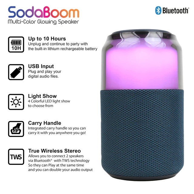 Alt view image 2 of 7 - SC-2335BT SodaBoom Multi-Color Glowing Portable Bluetooth Speaker with 4-Mode LED Light Show, TWS Pairing, USB Input, 1800mAh Battery, Silicone Carry Loop, Dust Cover, 10W Peak Power