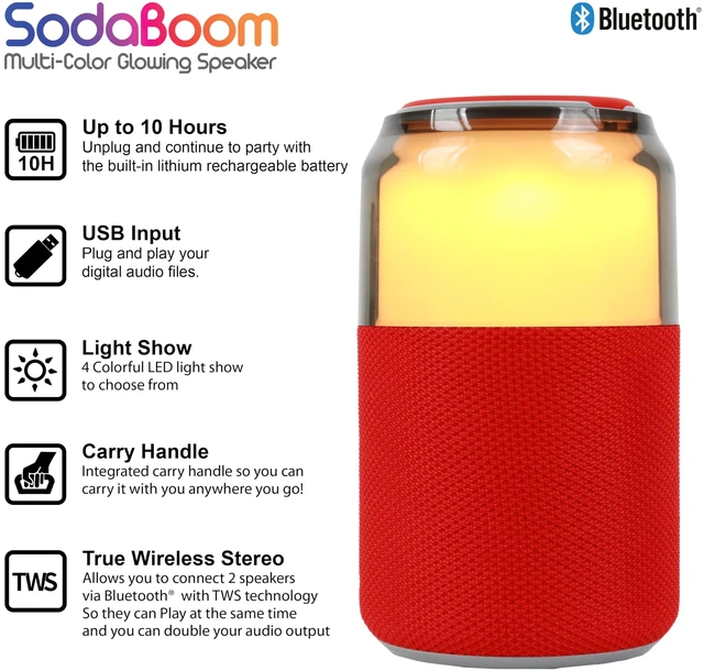 Alt view image 2 of 7 - SC-2335BT SodaBoom Multi-Color Glowing Portable Bluetooth Speaker with 4-Mode LED Light Show, TWS Pairing, USB Input, 1800mAh Battery, Silicone Carry Loop, Dust Cover, 10W Peak Power