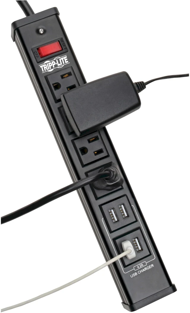 Alt view image 2 of 4 - Eaton TLM446USBB 4 Outlet Metal Surge Protector with 4 USB Ports Heavy Duty Power Strip Charging Station, 450 Joules, 6ft Extension Cord Power Cable, & $10,000 Insurance