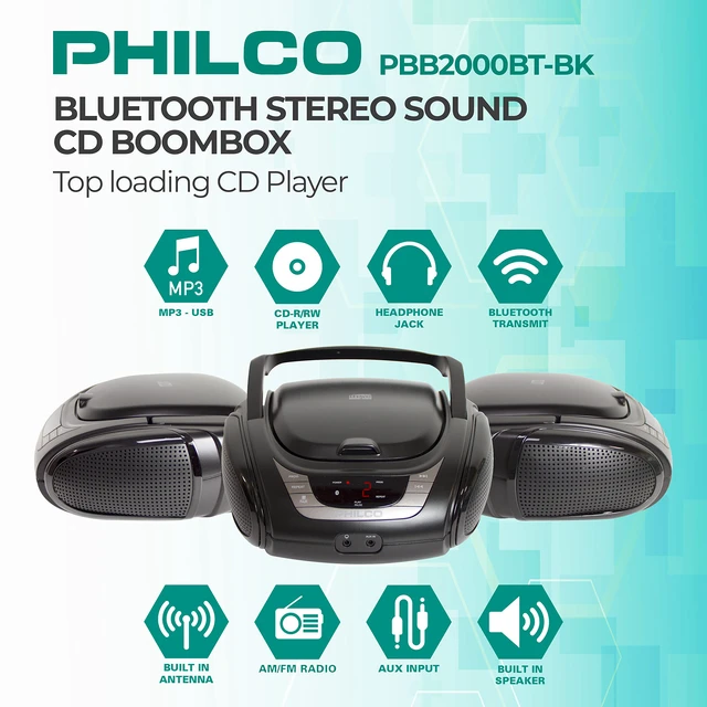 Alt view image 2 of 6 - Portable Bluetooth Boombox with CD Player CD Player is Compatible with MP3/WMA/CD-R/CD-RW CDs AM FM Radio with Bluetooth 3.5mm Aux Input Stereo Sound LED Display AC/Battery Powered