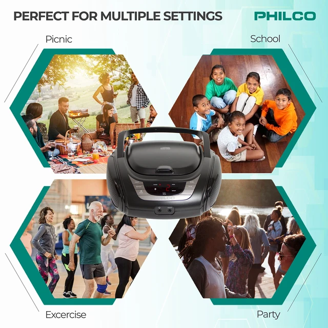 Alt view image 4 of 6 - Portable Bluetooth Boombox with CD Player CD Player is Compatible with MP3/WMA/CD-R/CD-RW CDs AM FM Radio with Bluetooth 3.5mm Aux Input Stereo Sound LED Display AC/Battery Powered
