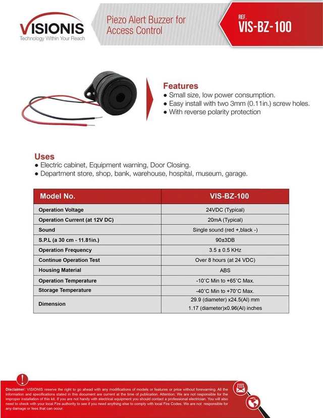 Alt view image 4 of 4 - VIS-BZ-100 Piezo Buzzer for Access Control, Door Alert, 90 dB ABS Housing, 12V DC, 20 mA Draw, Buzz-In and Intercom Systems, Low Power Consumption, 1.17 in Diameter