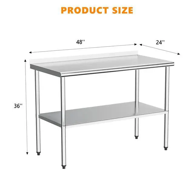 Alt view image 2 of 6 - 48'' x 24'' Stainless Steel Table for Prep & Work,Commercial Worktables & Workstations, NSF Heavy Dut Metal Table with Adjustable UnderShelf & Backsplash for Kitchen,Restaurant,Home,Hotel