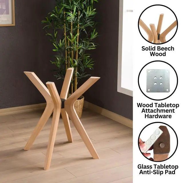 Alt view image 2 of 5 - Mid Century Solid Beech Wood Modern Dining Table Base Only, Pedestal Table Bases, Wooden Legs for Kitchen Tables, Glass Top Wood Top Assembly Tools (Glass Tabletop Anti-Slip Pads, Unfinished)